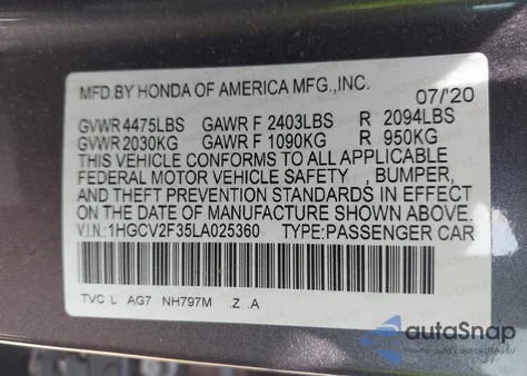 2020 Honda Accord Sport 2.0T from USA, damaged, VIN 1HGCV2F35LA025360